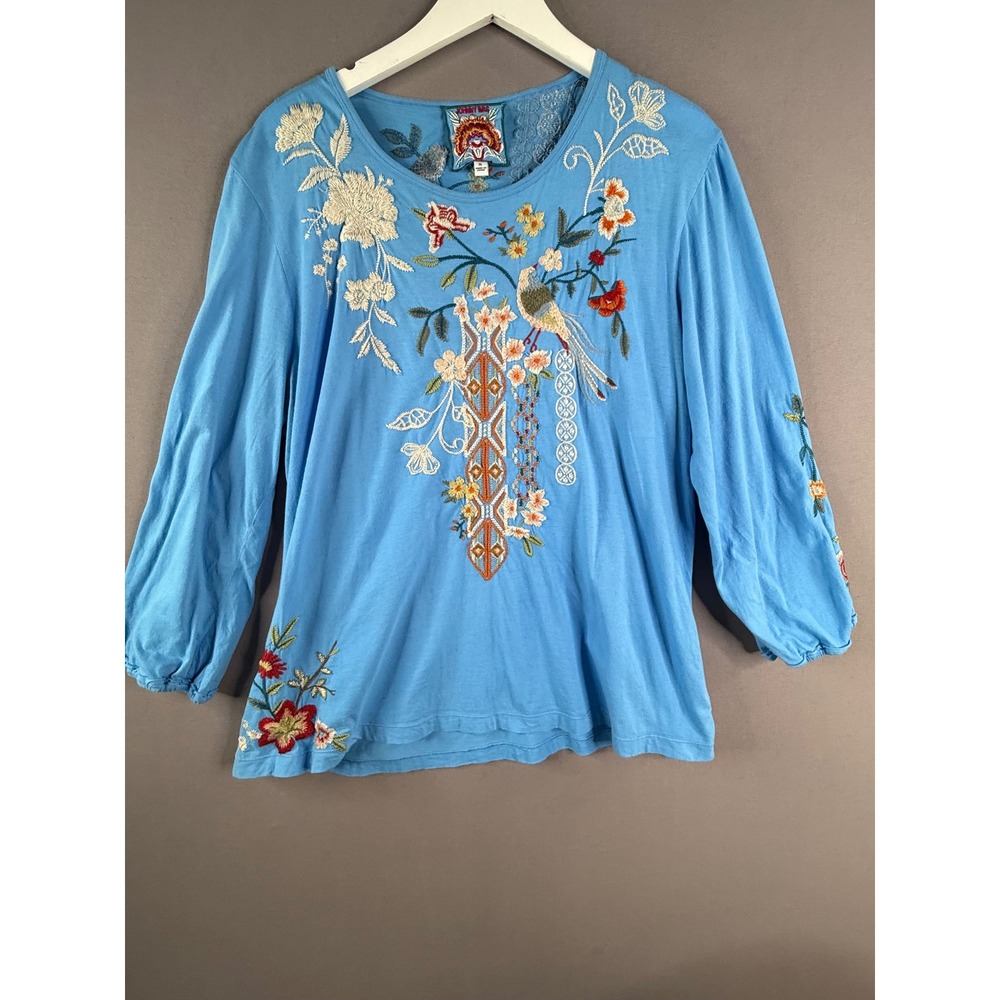 Johnny Was Embroidered Top Womens XL Blue Floral Bird Knit Balloon Sleeve